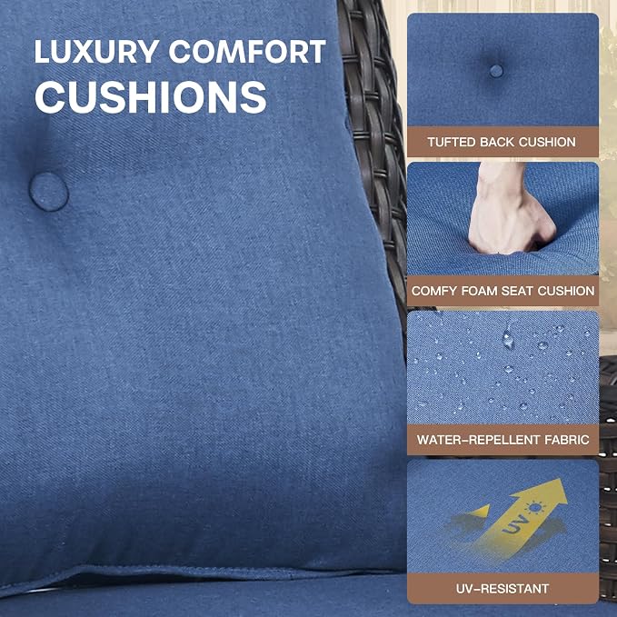 Patio Loveseat Glider Set, Resin Wicker Loveseat Glider with 4 Swivel Patio Chiars Rectangular Firepit Table, 7 Piece Patio Conversation Loveseat Set, Brown Wicker|Blue Cushions
