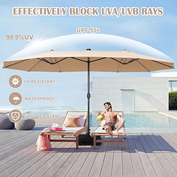 Sundale Outdoor Solar 15 ft 144 LED Olefin 5-Year-Non-Fading Patio Umbrella with Sandbag Base Included and Cover, Outdoor Double-Sided Umbrella with Lights