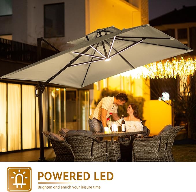 9 X 12 FT Cantilever Outdoor Patio Umbrella with Base Included Large Heavy Duty 360° Rotation Double Top Offset Rectangular Umbrellas with LED Lights for Backyard Outside Deck, Beige