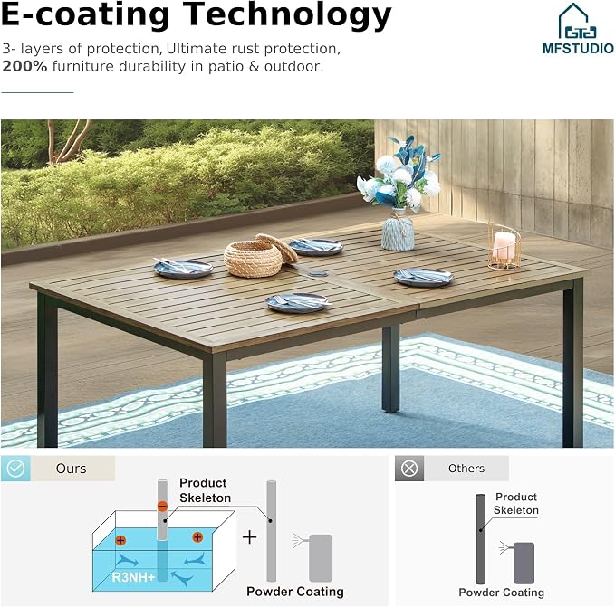 MFSTUDIO Outdoor Dining Sets for 6, Patio Metal Table and Chairs Set, 7 Pieces All Weather Patio Wicker Dining Furniture, Outdoor Rectangular Wood-Like Table for 6, Backyard