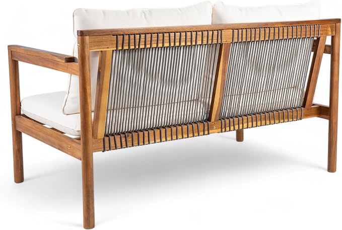 Christopher Knight Home Vorms Outdoor Loveseat with Coffee Table, 2-Piece Acacia Wood Patio Furniture Set with Rope Backrest, Patio Conversation Chat Sets for Backyard Balcony, Teak+Cream