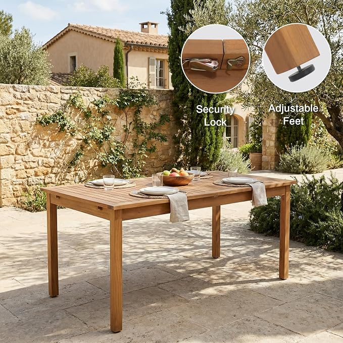 SUNSITT 9-Piece Outdoor Patio Dining Set, 59" - 79" Acacia Wood Expandable Outdoor Table Set and 8 Curved Patio Arm Chairs w/Removable Cushions for Backyard, Porch, Deck