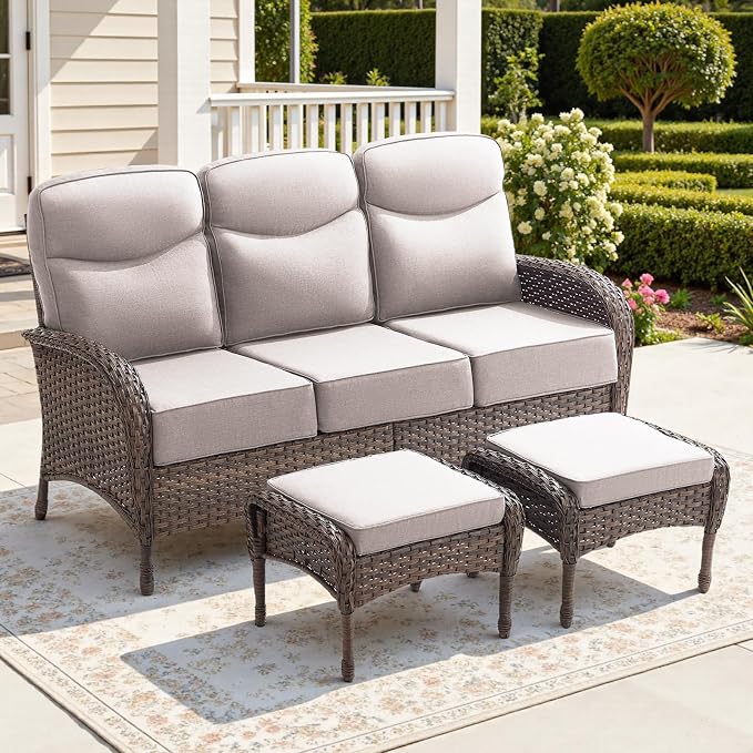 3-Piece Luxury Patio Furniture Sofa Set with 6-Inch Thick Cushions– Outdoor Wicker Conversation Set with Covered Couch, Multifunctional Ottoman & All-Weather Seating for Backyard, Porch, Garden Beige