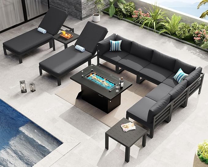 NICESOUL Aluminum Patio Furniture Set with Chaise Lounge & Firepit, 11 Piece Large Modular Outdoor Sectional Couch, 29" Deep Wide Seating, 500 lbs Heavy Duty Conversation Sofa for Deck, Dark Gray