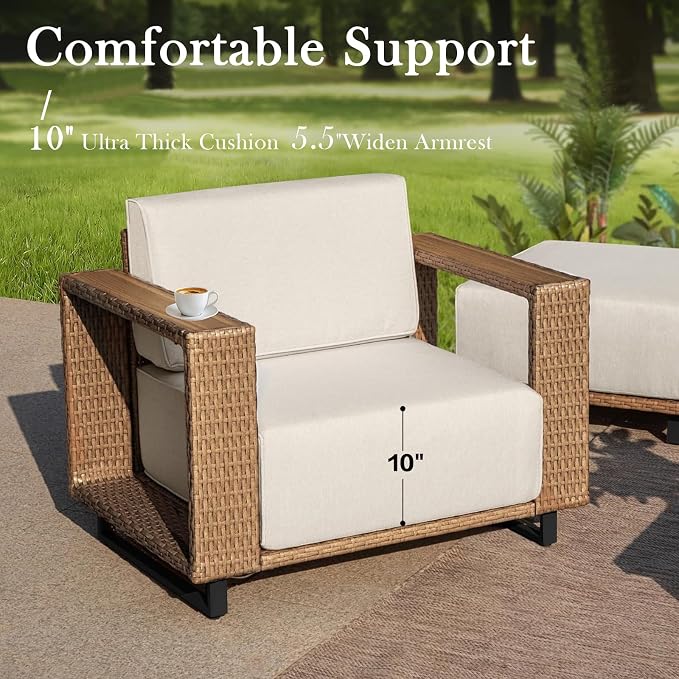 5 Pieces Outdoor Patio Furniture Set, PE Rattan Weaving Sofa with 10 inch Thick Cushions, with Dining Table,Coffee Table and 2 footstools, Steel Frame, Outdoor Conversation Set Brown/Beige/Wood