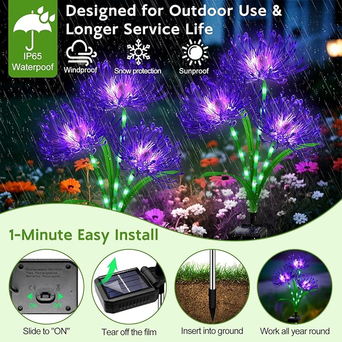 Solar Garden Flower Lights Outdoor, 6 Pack Purple Spider Lily Solar Lights with Glowing Stems, IP65 Waterproof LED Yard Decor for Patio Lawn Pathway,Gifts for Women Mom Grandma