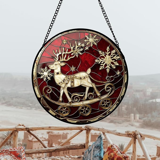 DASTOLL Stained Glass Window Hanging 4 Pcs Set Red Christmas Elk Snowflakes Large 15" - Deer Suncatcher Door Garden Sun Catcher Decor Birthday for Mom Woman Nana Men Friend