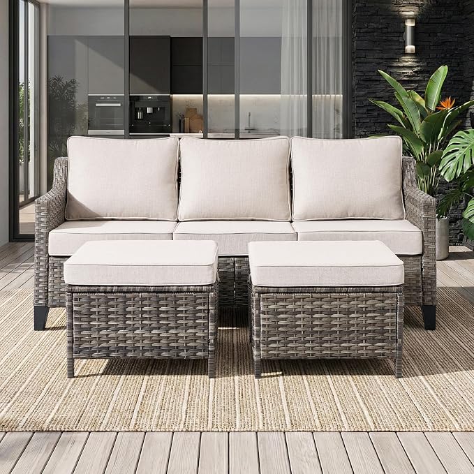 Luxury Patio Furniture sofa Set - 7 Pieces All Weather Wicker Outdoor Couch and High Back Swivel Rocker Patio Chairs with Sofa & footstools for Deck Yard and Poolside Gray Wicker | Beige Cushions