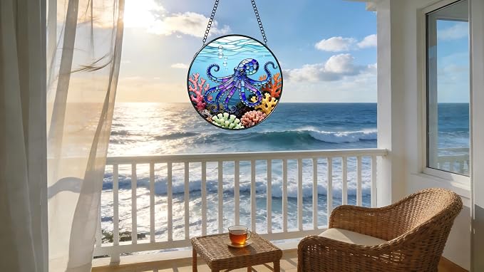 Stained Glass Window Hanging - The Blue Octopus is Foraging in The Coral 6.3 Inches Suncatcher for Garden Home Decor for Women Mom Grandma Friends
