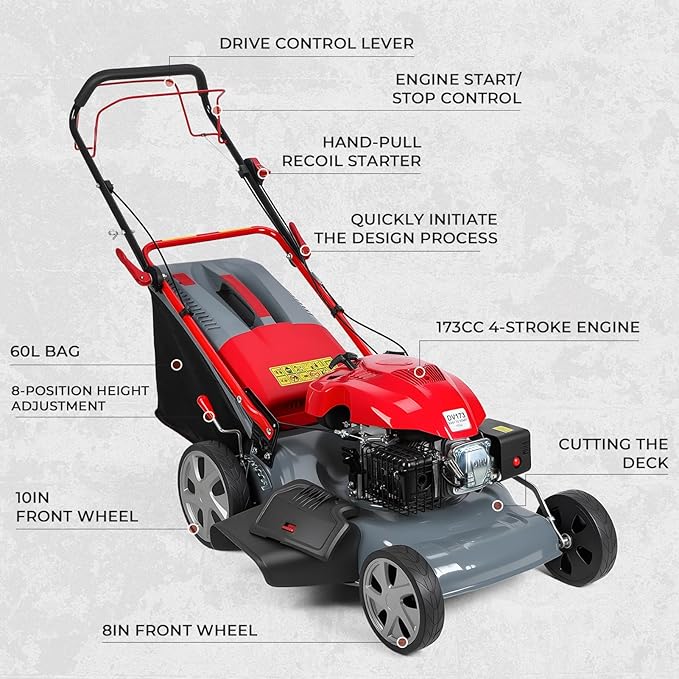 3-in-1 Gas Lawn Mower, 173CC Self Propelled Lawn Mower with 60L Grass Bag, 20" Cutting Deck, Adjustable Cutting Height Foldable Clearance Lawns Mowers Cordless for Yard & Garden Care 2800rpm Red