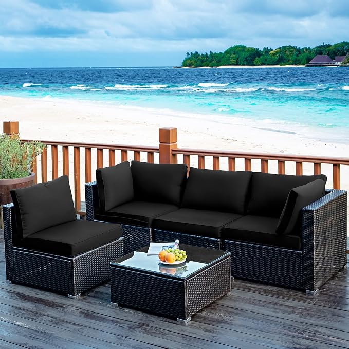 Tangkula 5 Pieces Patio Furniture Set, All Weather Wicker L-Shaped Corner Sofa Set w/Soft Cushions, Outdoor Sectional Conversation Couch Set w/Glass Table for Backyard Garden Poolside (Black)