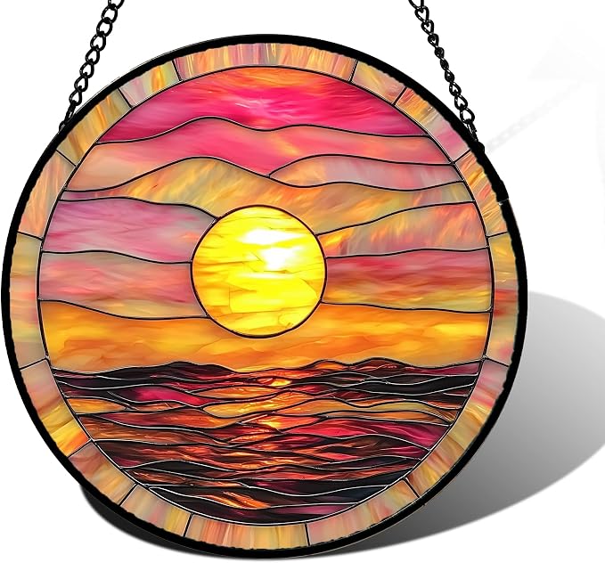 DASTOLL Stained Glass Window Hanging, Sunrise Sea Surface Sun Catchers Diamond Glass Panel Hangings Abstract Suncatcher Decor for Birthday for Women, Men, Wife, Aunt, and Mom 6.3 in