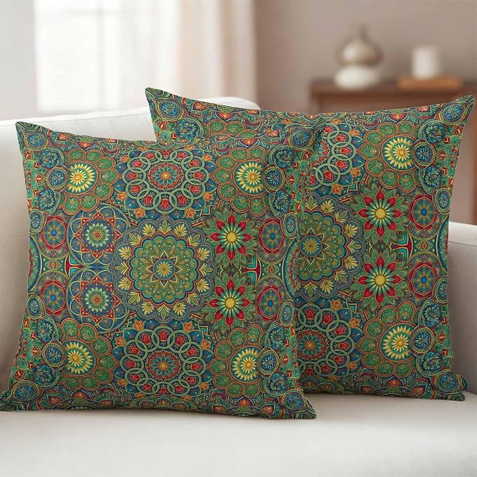 Bohemian Green Floral Outdoor Waterproof Pillow Covers Pack of 2, Boho Tribal Ethnic Abstract Geometric Flower Throw Pillowcases Decorative Cushion Covers for Garden Patio Tent Sofa Couch, 24x24 inch