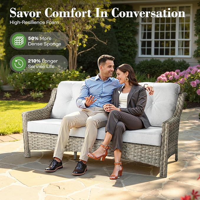 ovios 4 Piece Outdoor Patio Furniture with 3 Seat Sofa,Rattan Wicker Coversation Set with High Back,Sectional Single Sofa with Ottoman for Outside Porch Balcony Backyard Pool, Light Grey