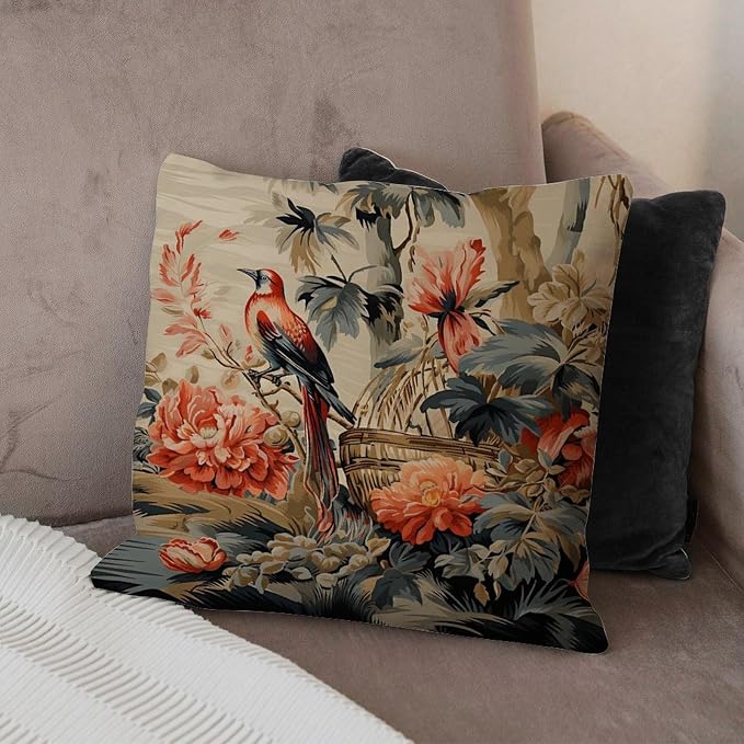 Moore Manor Antique Chinoiserie Pillow Cover Vintage Boats and Flowers Pillowcase 22x22 INModern Accent Square Couch Sofa Cushion Covers for Living Bed Room Patio Home