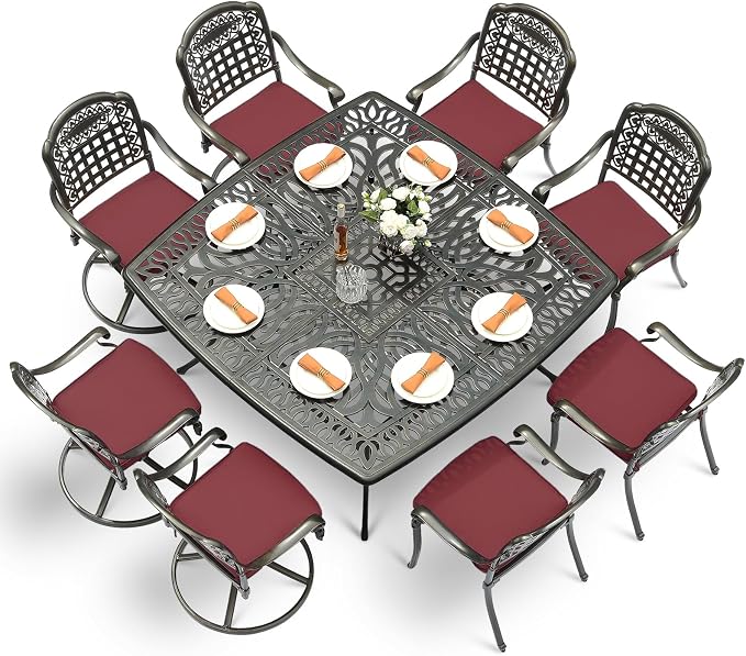 VIVIJASON 9-Piece Outdoor Dining Set, Cast Aluminum Patio Table & Chair Furniture Set for 8, Include Large 64" Square Dining Table, 4 Swivel Rocker Chairs, 4 Stationary Chairs, Umbrella Hole, Red