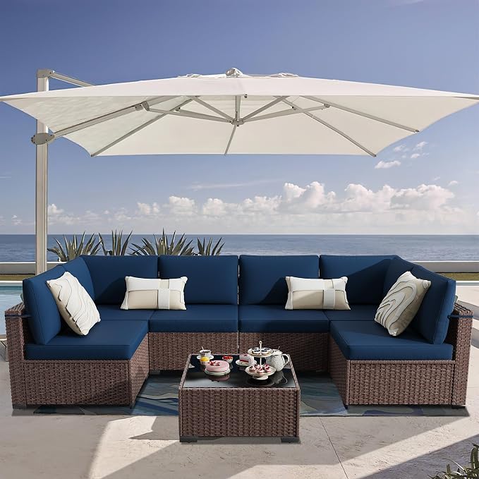 KIGOTY 7-Piece Patio Furniture Set, All-Weather PE Rattan Outdoor Sectional Sofa, Modular Wicker Conversation Set with Thick Cushions & Easy-Clean Coffee Table（Brown/Navy）