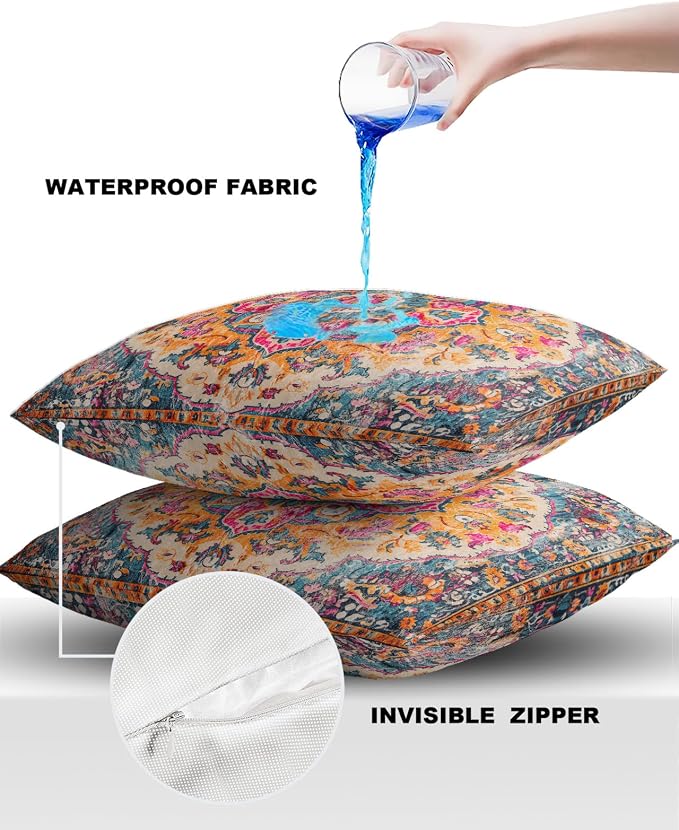 Prime Leader Outdoor Waterproof Pillow Covers Set of 2, Geometric Abstract Carpet Flowers Pattern Pink Patio Throw Pillow Covers, Decorative Cushion Case for Couch Sofa Furniture Garden, 26x26 Inch