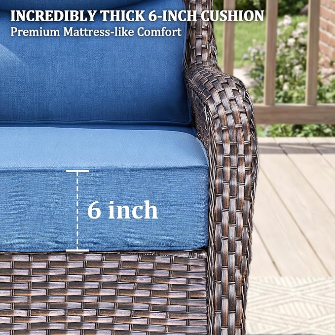 Luxury Swivel Rocker Chair Sofa Set with 6" Thick Cushions,6 Piece Wicker Swivel Rocker Patio Chair with footstools,Outdoor Comfortable High Back Chair Patio Furniture Set - Brown | Blue