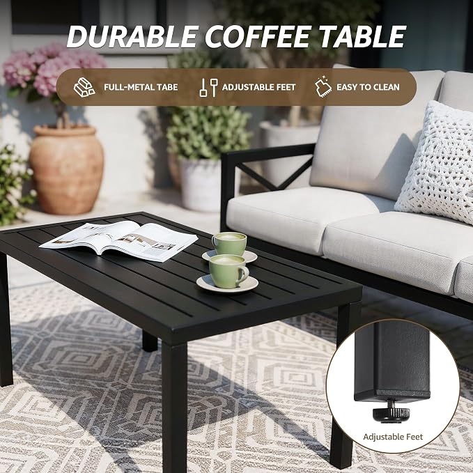 NATURAL EXPRESSIONS 4 Piece Metal Outdoor Patio Furniture Set, Patio Conversation Set with Extra Thick Cushion and Table, Black Frame Backyard Furniture (3 Seater with 2 Fix Chairs Set)