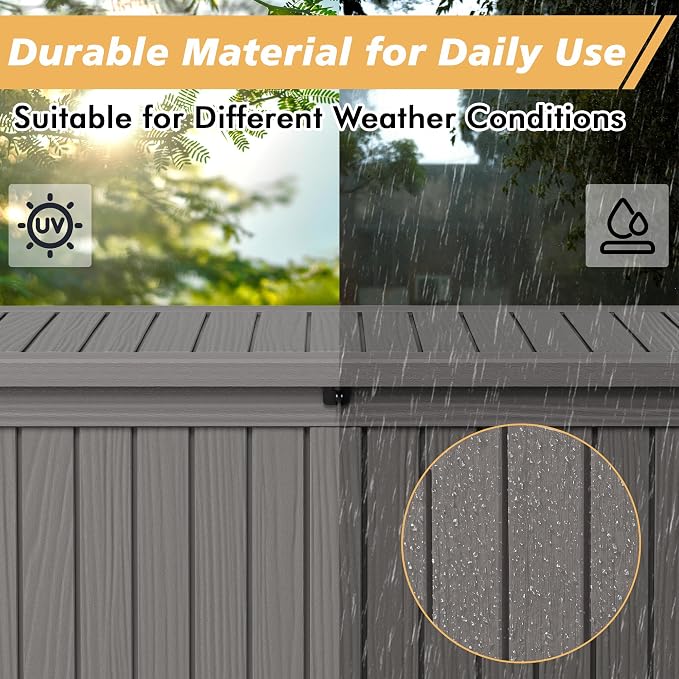 Fancyango 150 Gallon Outdoor Deck Box Waterproof, Large Storage Box for Patio, Resin Storage Bench Lockable for Garden Tools, Package Delivery, Grey