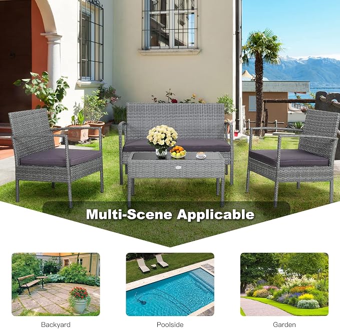 Tangkula 8 Piece Patio Furniture Set, Patiojoy Outdoor Wicker Conversation with Soft Cushion, Glass Tabletop, Solid Steel Frame, Sectional Sofa for Backyard, Poolside, Balcony