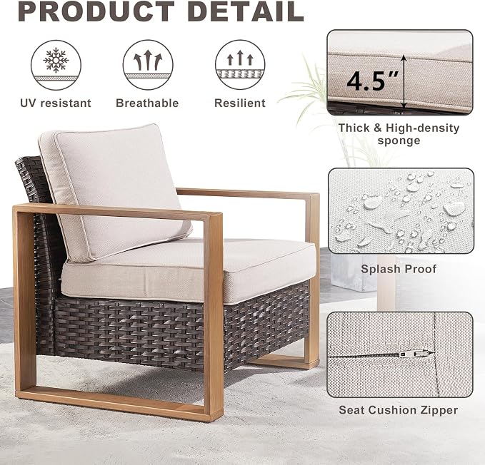 Rilyson Outdoor Wicker Patio Furniture Set - 5 Piece Patio Conversation Set with 2 Wicker Armrest Chairs,2 Rattan Ottoman and 1 Couch,Sturdy Frame,Thick Cushions,Deep Seating(Brown/Beige)