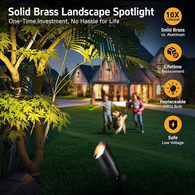 Gardenreet Spot Light Brass - Outdoor Landscape Spotlights 12V, LED Low Voltage Landscaping Uplights, All Weather Hard-Wired Black for Backyard Lawn with Warm White Changeable Bulbs (8 Pack)