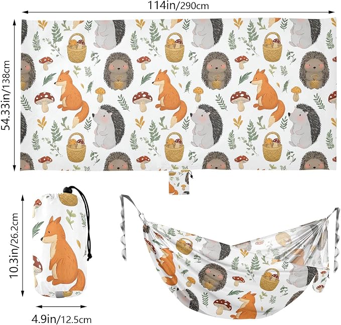Camping Hammock Outdoor Hammocks for Outside Hedgehog Fox Mushrooms Beach Trees Portable Lightweight with Pockets Tree Straps Indoor