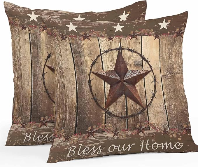 Rustic Country Outdoor Pillow Covers 16x16 Inch Throw Pillow Covers Set of 2 Waterproof Decorative Pillow Cases Western Stars Brown Texture Wooden Print Cushion Covers for Patio Furniture Garden Couch