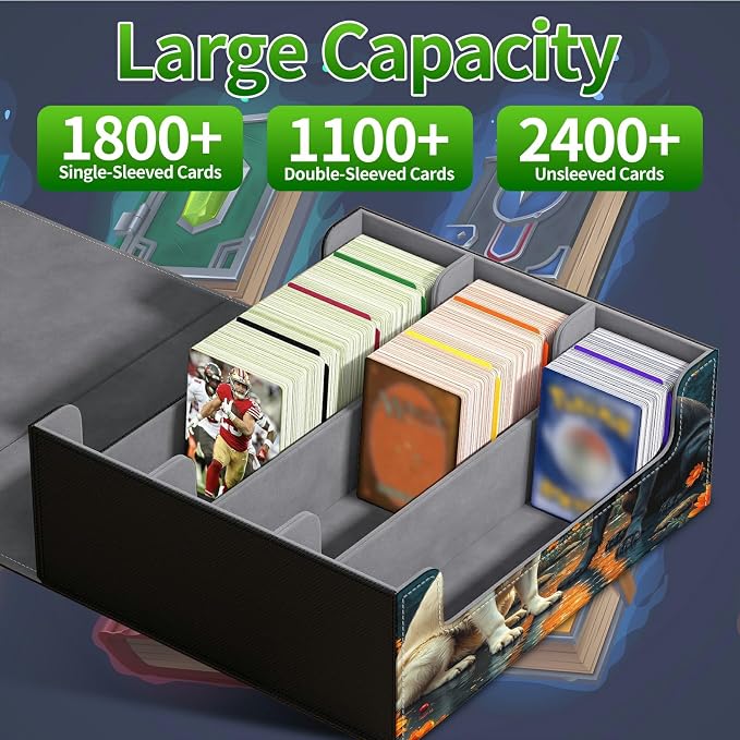 Large Card Deck Box for MTG, Fits 1200+ Sleeved Cards, PU Leather Storage Case with Strong Magnetic Closure, Multiple Colors for TCG CCG Baseball Card Collections, Black White Wolf