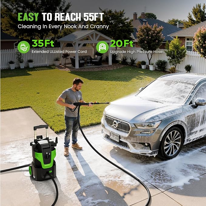 Heavy Duty MAX5000 PSI Pressure Washer, 3-Speed Adjustable Power Washer with 2-Stage Pull Rod, 4 Nozzles, Foam Cannon & 500ml Soap Bottle for Car, Home & Outdoor Cleaning,Green