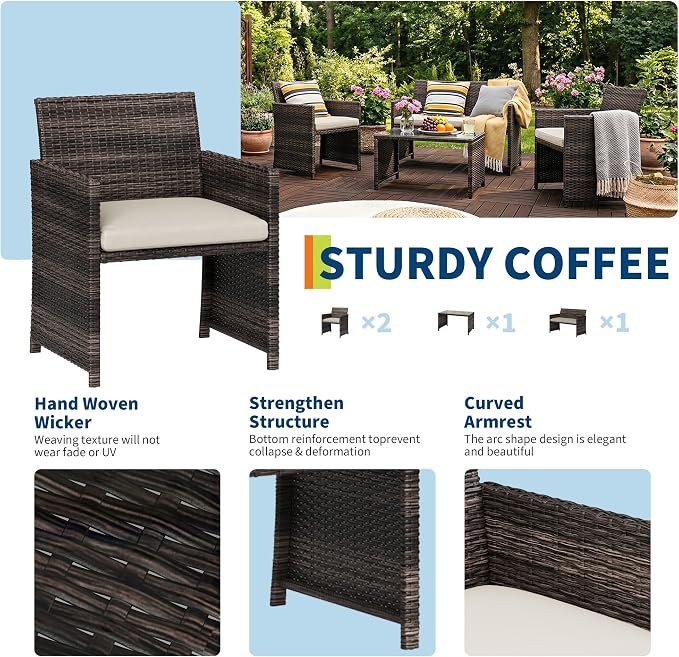 IDEALHOUSE 4 Piece Outdoor Wicker Patio Furniture Set, with Coffee Table & Seat Cushions for Backyard, Porch Seating