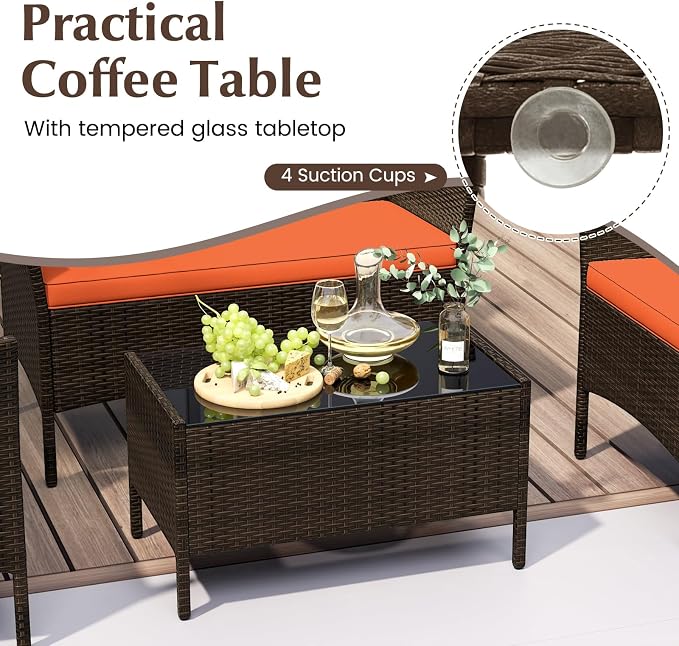 4 Piece Patio Furniture Set, Sectional Conversation Sofa Set with Glass Coffee Table, Cushions & Loveseat, Wicker Outdoor Table and Chairs for Pool, Garden, Deck, Backyard (1, Orange)