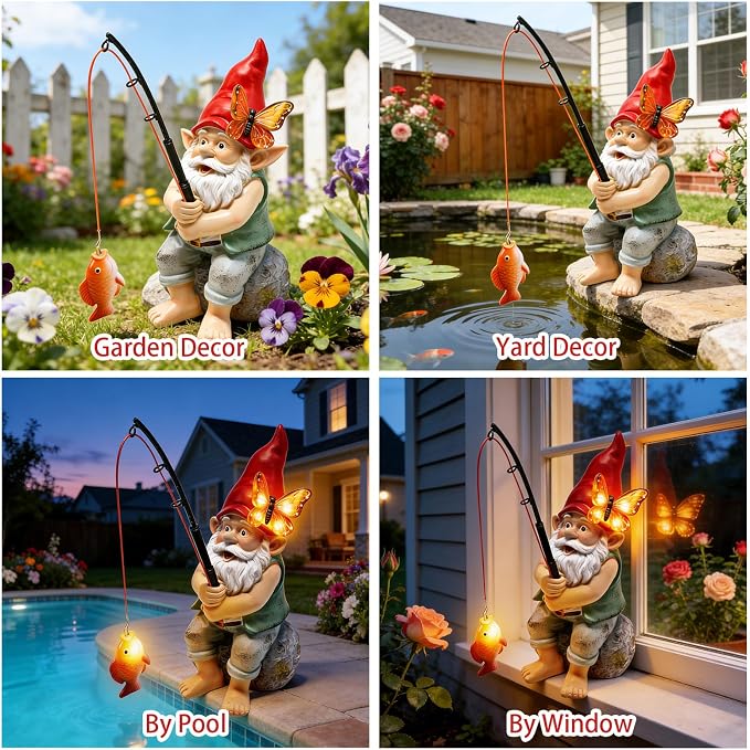 Solar Garden Gnome Statues, Outdoor Fishing Gnome with Butterfly Solar Lights Waterproof, Birthday Gifts for Mom Women Mother's Day, Garden Figurines for Yard Decor Patio Porch Lawn Ornaments