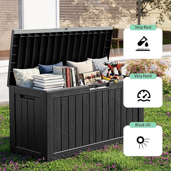 EasyUp 85Gal Outdoor Deck Box Waterproof, Lager Patio Storage Box Indoor and Outdoor Use, Lockable Resin Storage Bin for Patio Furniture Cushions Garden Tools, Package Delivery,UV Resistant-Black