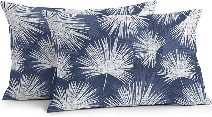 Lumbar Pillow Covers 20x12 Inch Set of 2, Navy Blue Palm Leaves Coastal Waterproof Outdoor Pillow Covers, Summer Tropical Botanical Decorative Cushion Pillowcases for Couch, Sofa, Bed, Garden, Patio