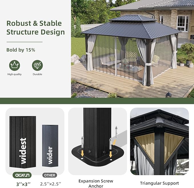 Aoxun 12’x14’ Hardtop Gazebo, Permanent Metal Pavilion with Galvanized Steel Double Roof, Outdoor Pergola with Nettings and Curtains for Lawn, Garden, Patio (Gray)