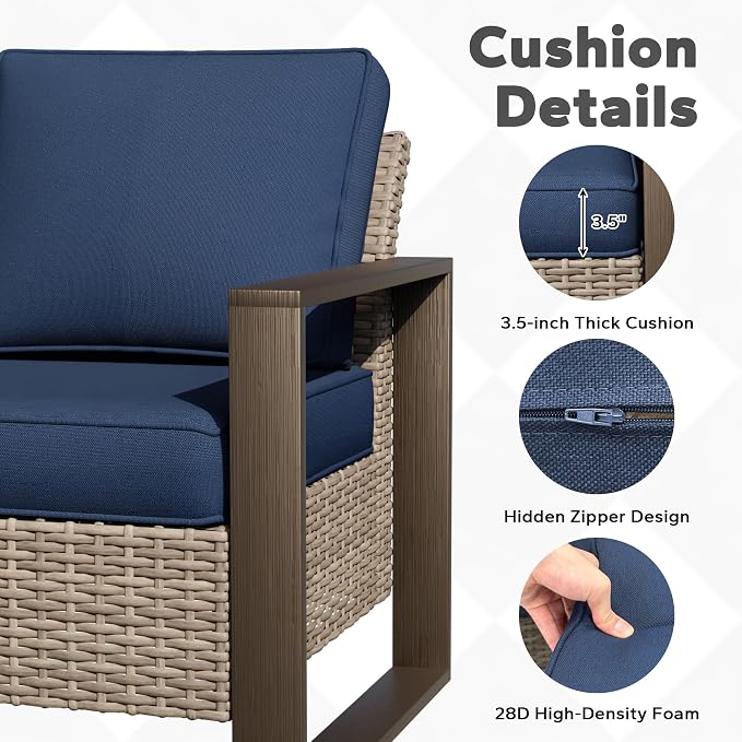 Joyside Outdoor Patio Chairs, 4 Pieces Wicker Rattan Furniture Set, 2 Patio Chairs, 2 Ottoman and 1 Table, Metal Wide Armrest, Thick Cushions and Deep Seating for Garden, Backyard, Porch, Deck