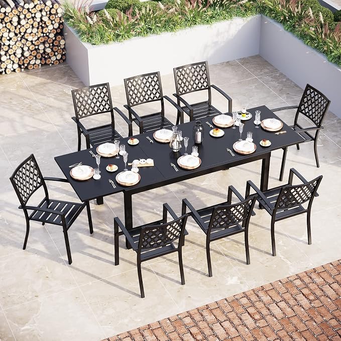 Sophia & William Patio Table and Chairs Set, Outdoor Dining Set for 8, 9 Piece Metal Patio Furniture, 99" Expandable Black Rectangular Table(Diamond)