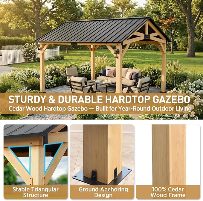 EAGLE PEAK 11x13 Hardtop Gazebo, Exposed Beam Rustic Gazebo, Galvanized Steel Gable Roof with Cedar Wood Frame, Outdoor Pavilion for Patio, Deck, Lawn and Garden Natural Wood/Black