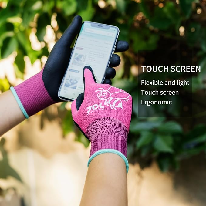 JDL 3 Pairs Nylon Nitrile Coated Gardening Gloves for Women, Touchscreen Yard Garden Gloves, Breathable Safety Work Gloves with Grip, Pink, Small