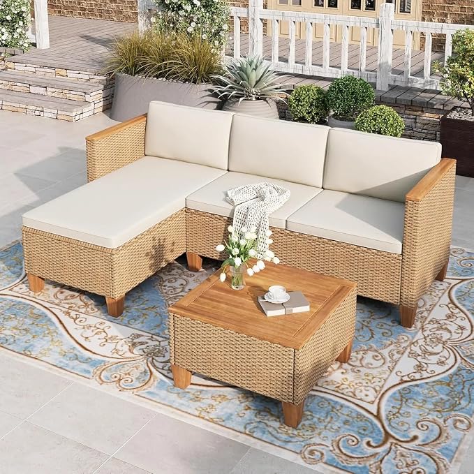 Small Patio Furniture Set 3 Pieces All-Weather Wicker Outdoor Sectional Sets Rattan Conversation Set with Table and Comfortable Seat Cushion