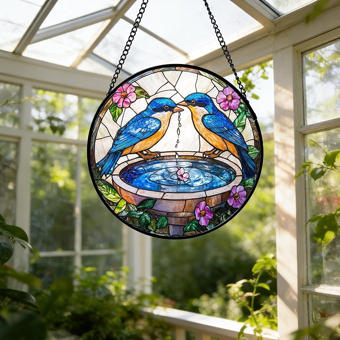 DASTOLL Stained Glass Window Hanging, 2 Blue Birds Suncatcher Diamond Glass Panel Hangings Bird Lover Sun Catchers Decor for Birthday for Women, Men, Wife, Aunt, and Mom 9.8 in