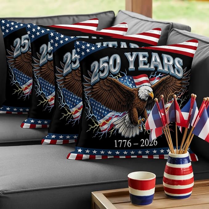 America 250 Years Eagle Outdoor Pillow Covers 18"x18" Set of 2, Independence Day Lightning Red Blue Flag Waterproof Throw Pillow Covers for Patio Furniture, Decorative Cushion Covers for Porch