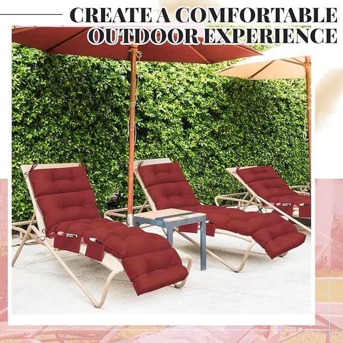 Kigley Outdoor Chaise Lounge Cushions with 3 Side Pocket 74.5 x 22 x 4.7 Inch Patio Chaise Lounge Cushion, Water-Repellent and Fade-Resistant Tufted Summer Replacement(2 Pcs,Ruby Red,Solid Color)