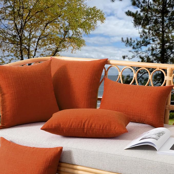 Kevin Textile Outdoor Waterproof 12”x20” Pillow Covers 2 Pack, Dark Orange | Water Resistant, Soft Faux Linen-cotton Yarn-dyed Woven Texture Throw Pillow Covers for Tent Patio Garden Couch Sofa