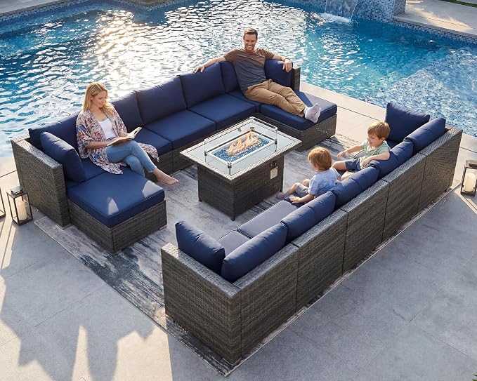 NICESOUL 13 Piece Patio Furniture w/Fireplace, Elegant Outdoor Seating w/Firepit, XL Size 29.3'' High Back Sectional Sofa, All-Weather Rattan Deck Couch, Modular Sturdy Conversation Set, Gray & Blue