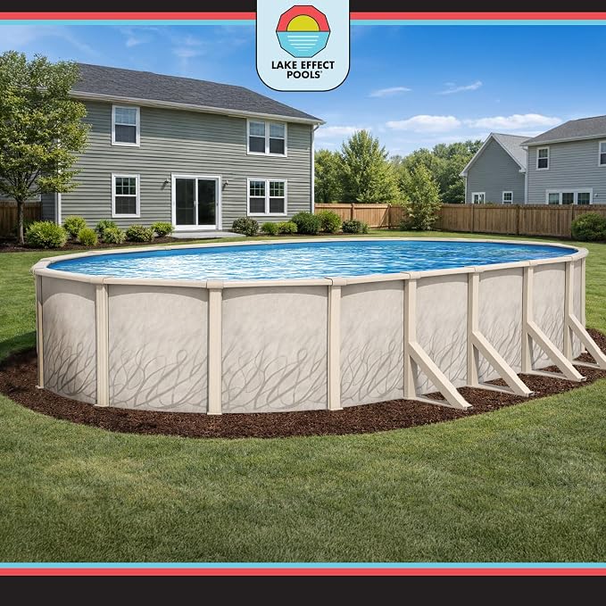 Lake Effect Pools 'Meadows Reprieve' 15 ft x 24 ft Oval Above Ground Swimming Pool Bundle | 52 Inch Steel Sided Walls | Kit Includes: 25 Gauge Liner, A-Frame Ladder, Sand Filter/Pump, & Skimmer