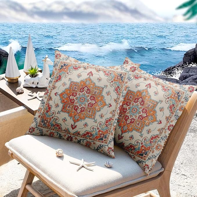 Throw Pillow Covers, Orange Boho Farmhouse, Set of 2, 18 x 18 Inch | Decorative waterproof square cushion case pillowcase for outdoor garden couch beach patio